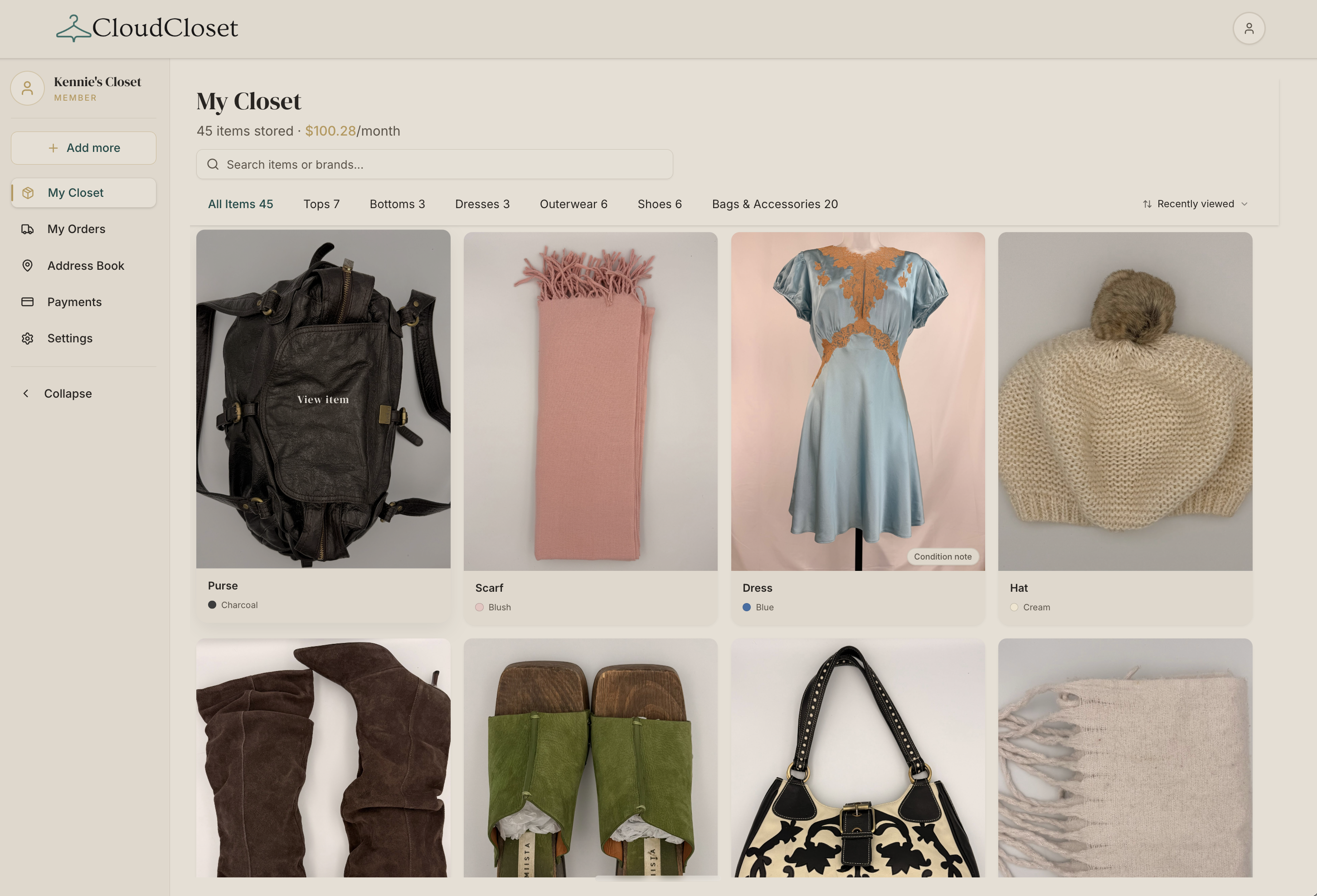 Cloud Closet digital closet dashboard with item photos, search, and category filters
